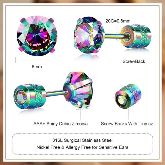 Hypoallergenic Titanium Earrings for Sensitive Ears, 6mm Cubic Zirconia, Screw B - Picture 2 of 6